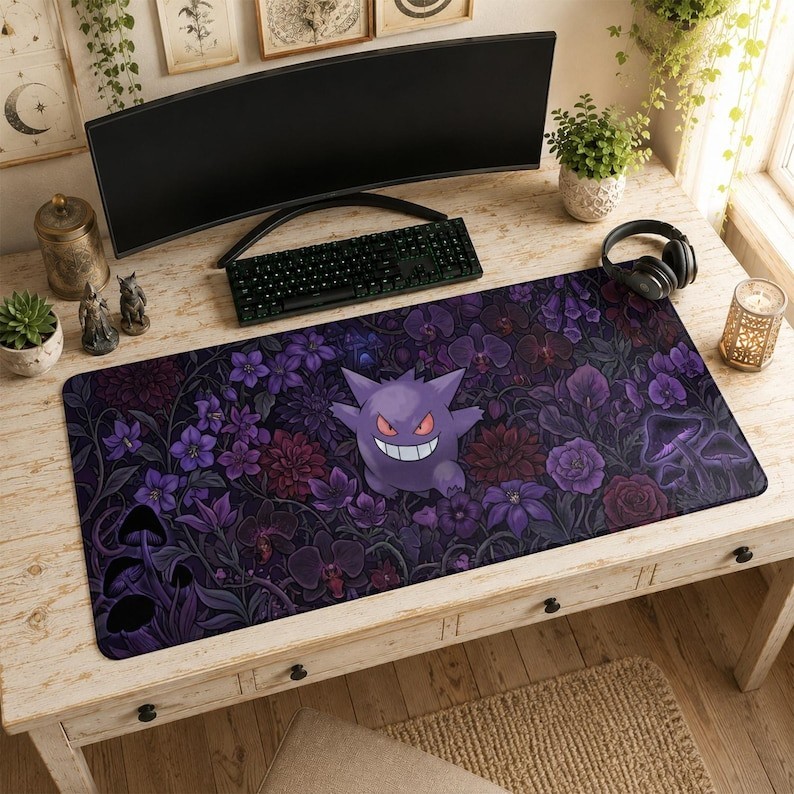 Gengar Mouse Pad | Desk Mat, Dark Floral Ghost Type Art, Pokemon Dark Aesthetic