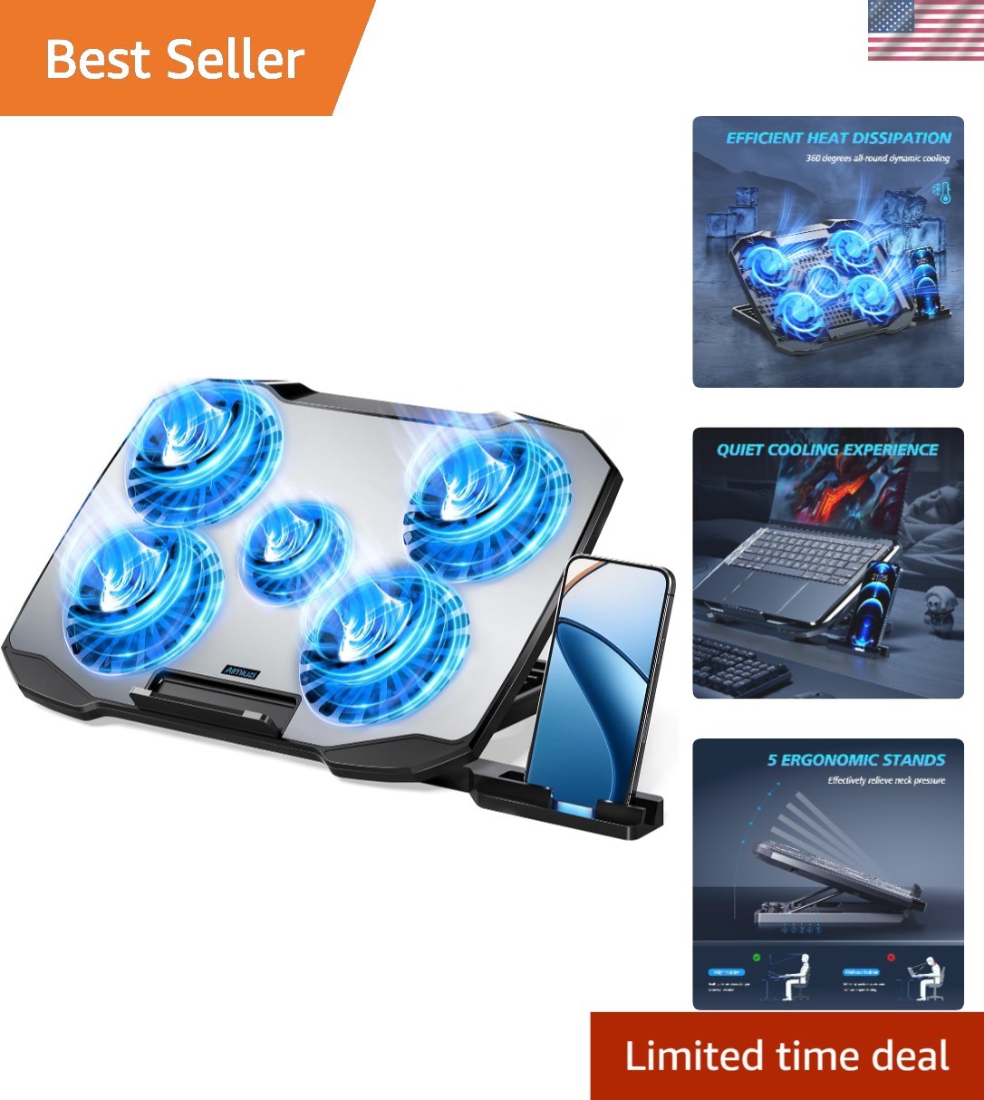 Versatile Laptop Cooling Pad with Dual USB Ports & 5 Quiet Fans for Home Office