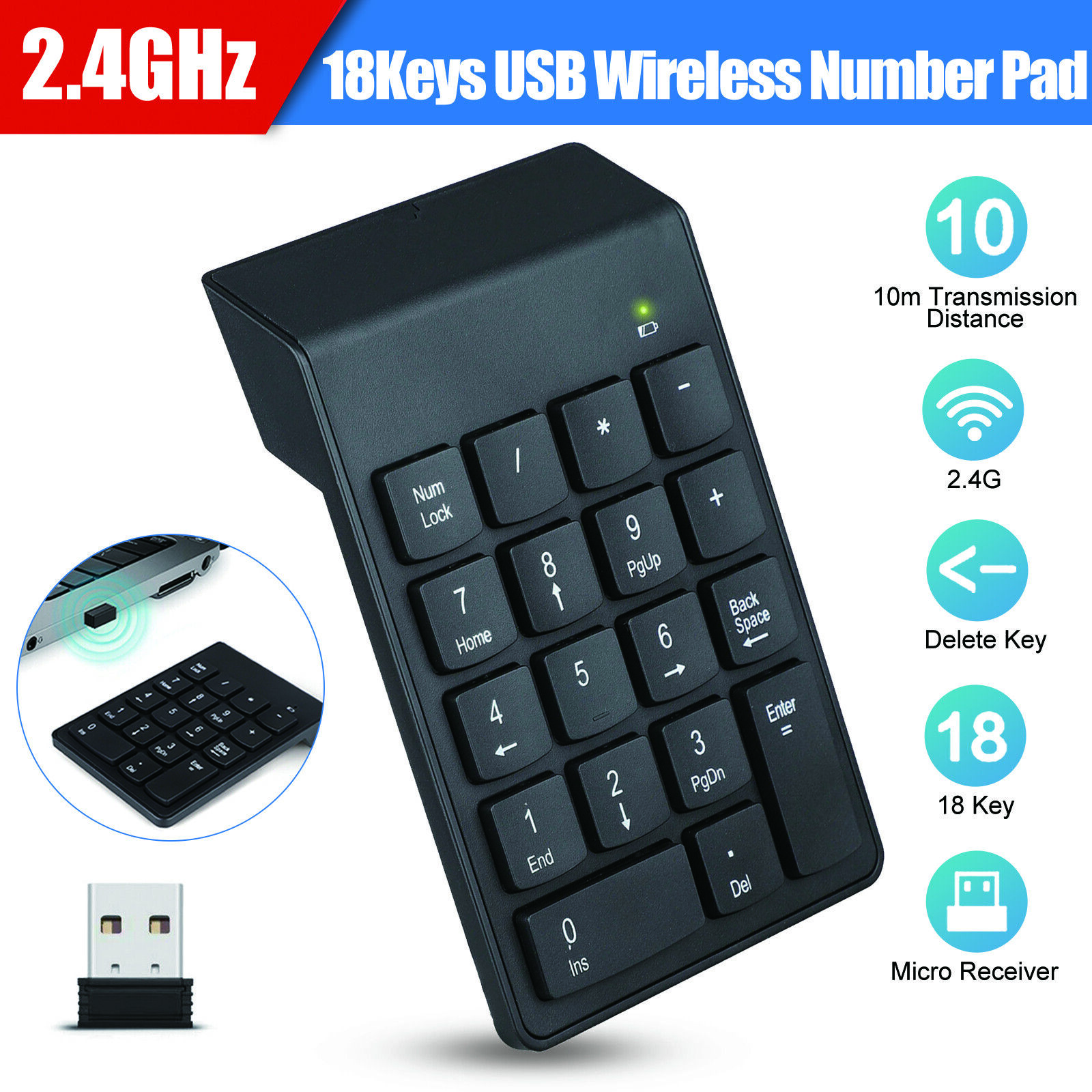 USB 2.4G Wireless Number Pad Numpad Numeric Keypad for Laptop Desktop PC 18Keys