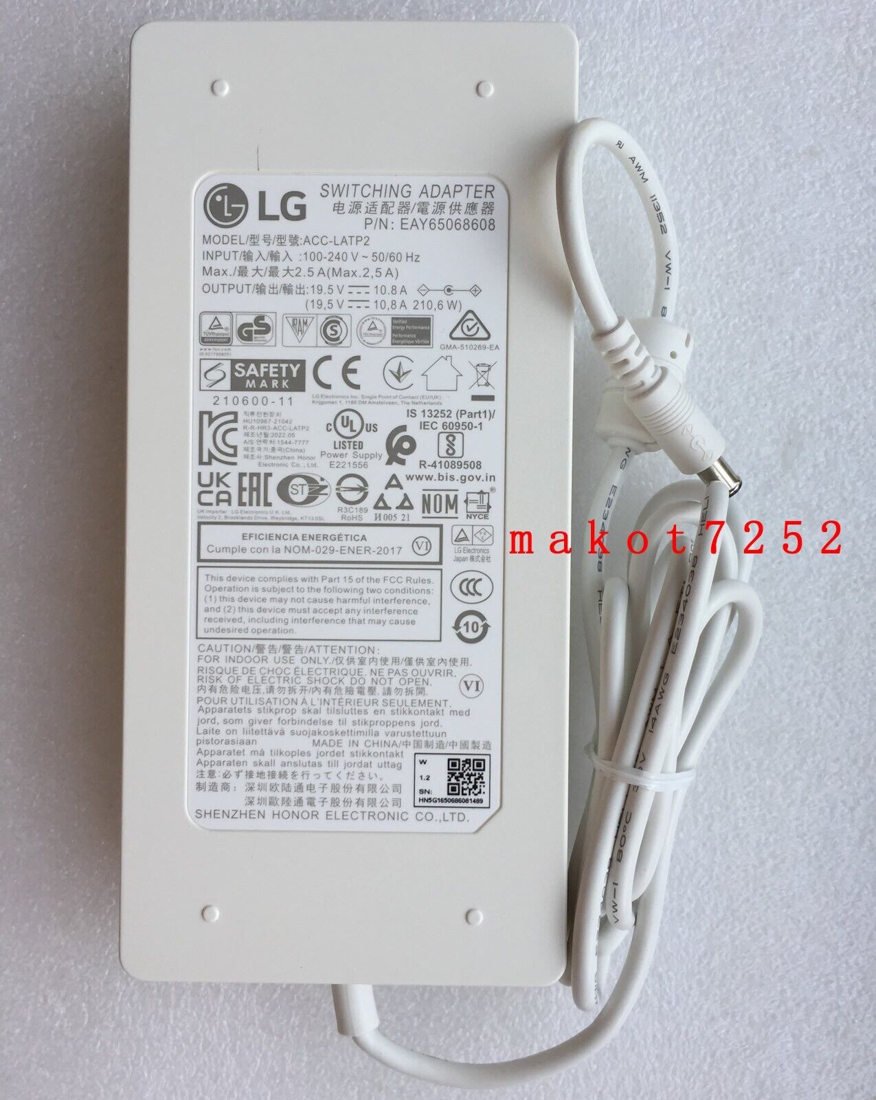 New Original OEM LG 19.5V 10.8A Cord/Charge 27UQ850-W 27BQ85U-W 32UQ850W Monitor