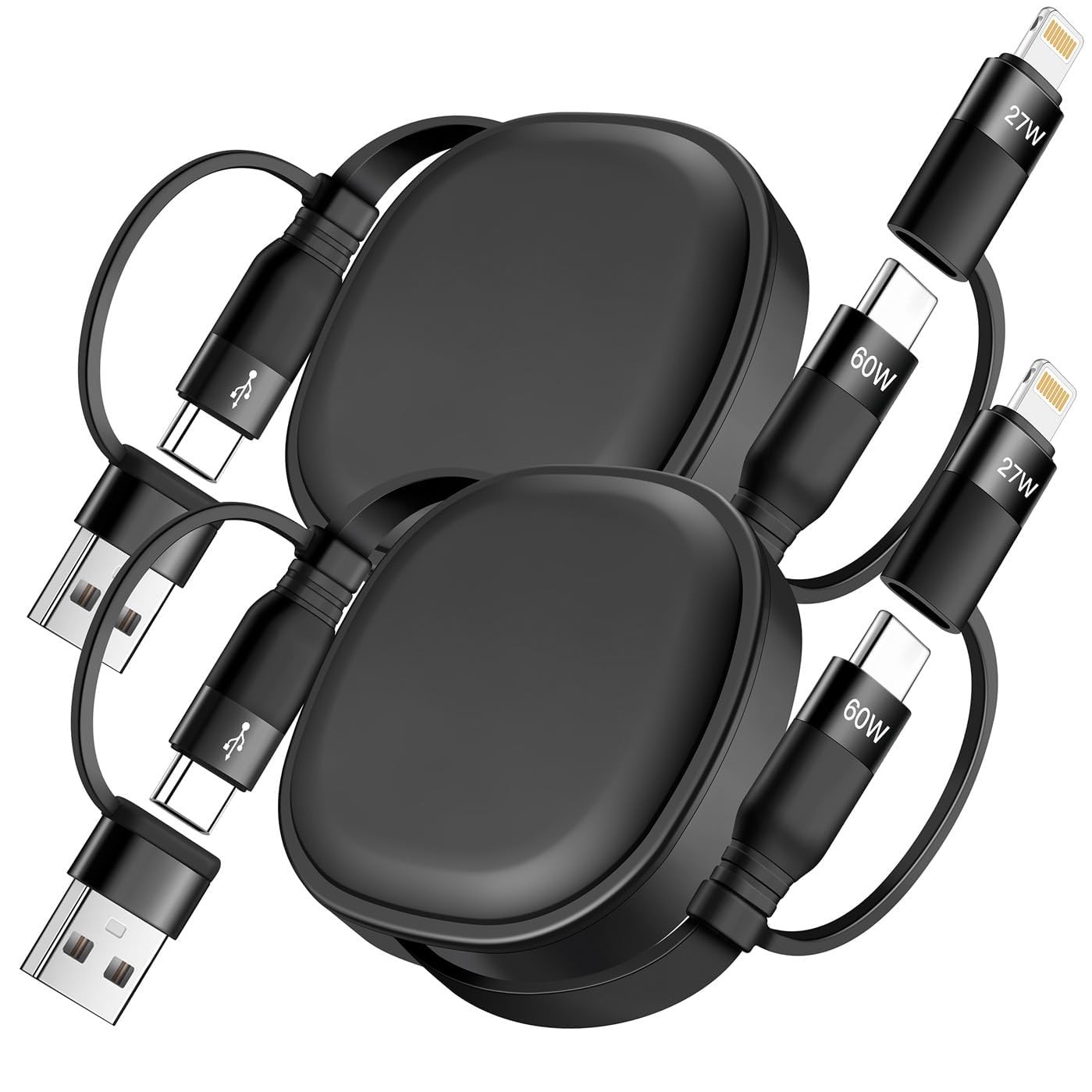 Multi Charging Cable, 2Pack 5 in 1 Retractable Lightning 4 feet, Black 