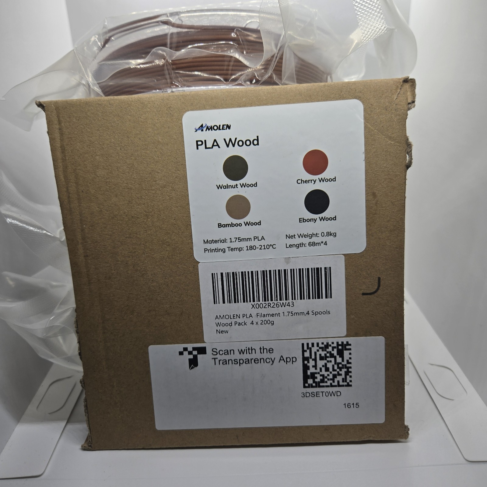Amolen Wood 4-pack 1.75mm Filament PLA 3D Printer Walnut Cherry Bamboo Ebony 