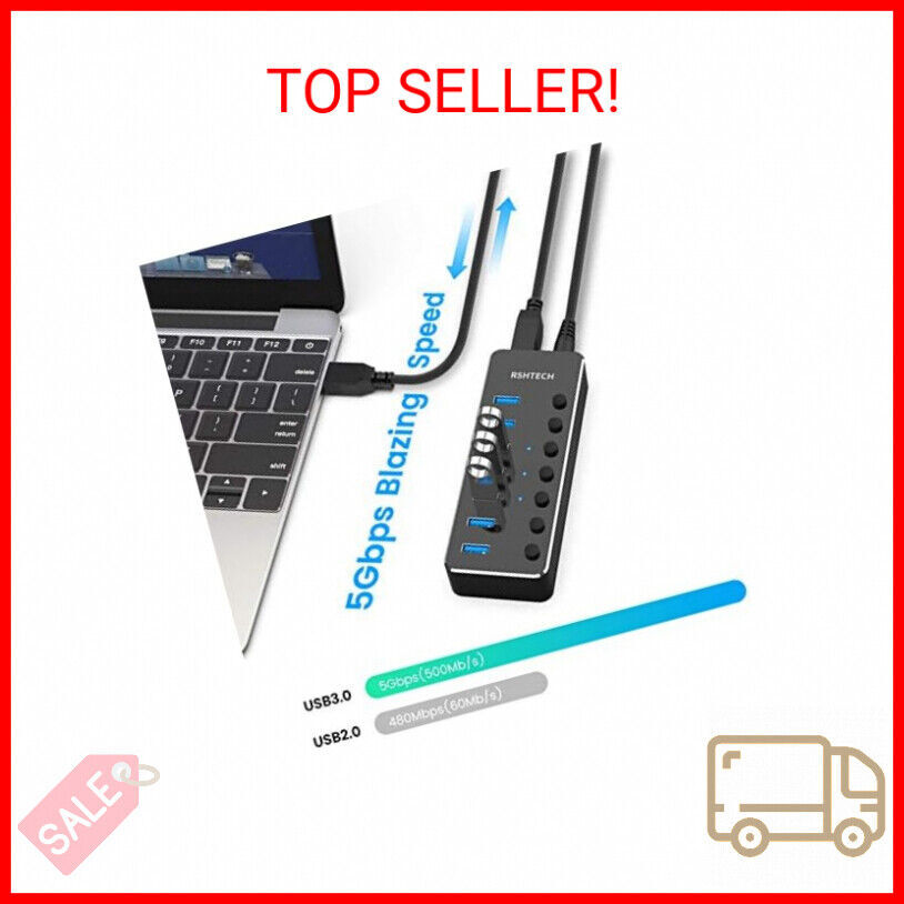 USB 3.0 Hub, RSHTECH 7 Port Powered USB Hub Expander Aluminum USB 3.0 Data Port