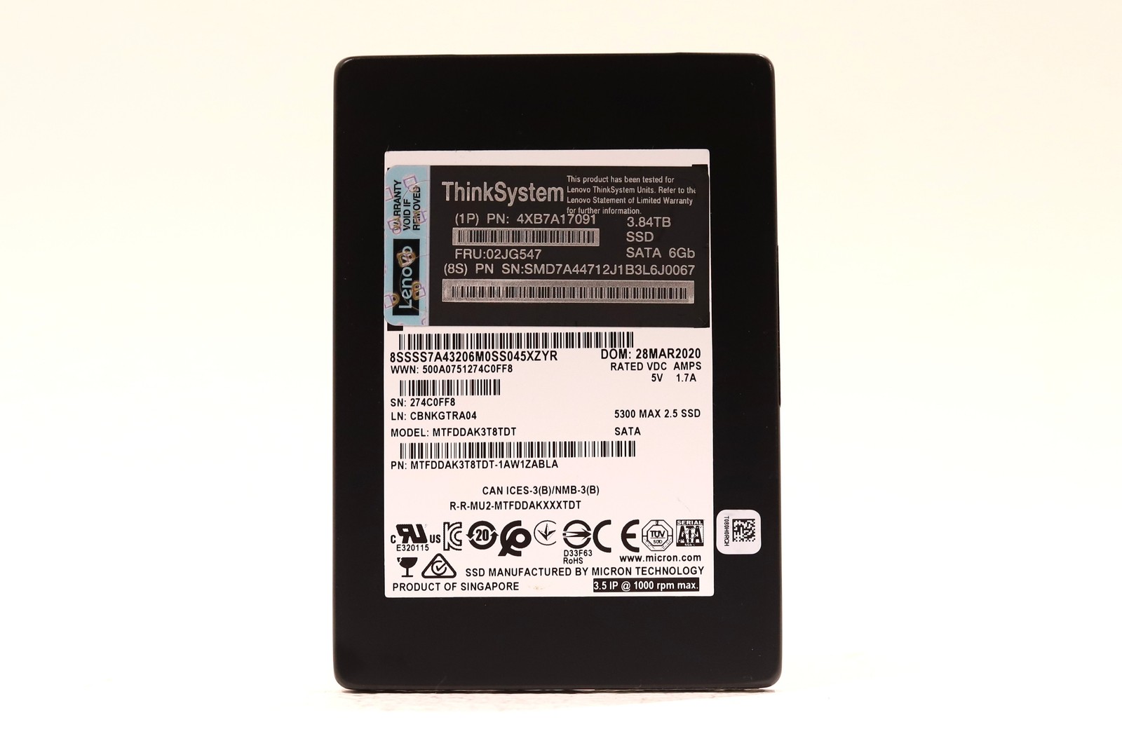 Lenovo MTFDDAK3T8TDT 3.84TB 2.5" 6Gb/s Read Intensive SATA SSD FRU P/N: 02JG547
