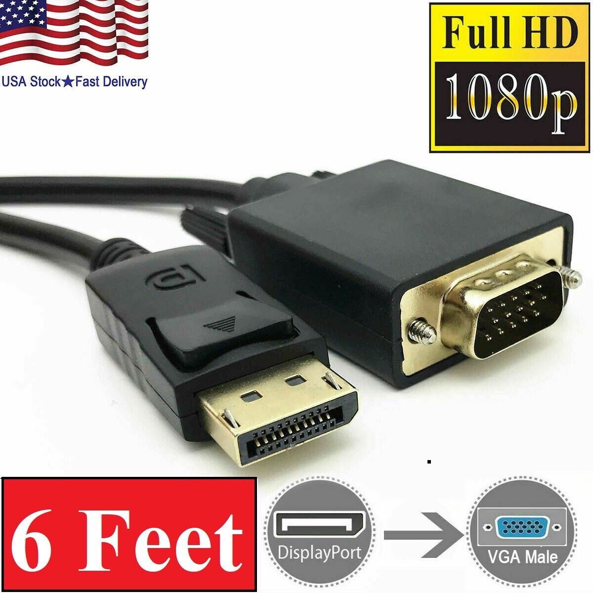 6 Feet Gold Plated DisplayPort DP Male to VGA Male Cable Cord For Lenovo Dell HP
