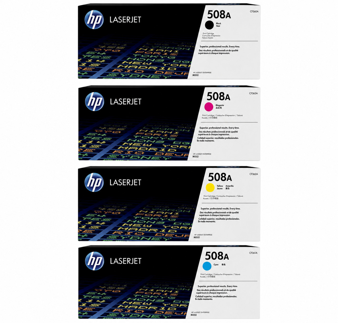 HP 508A 4 Pack Full Toner Set Black, Cyan, Magenta, Yellow  (CF 360A-CF 363A)