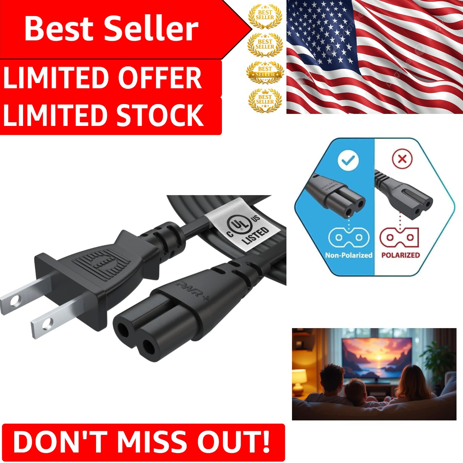 Reliable Black 6 Feet AC Replacement Power Cable,  Certified, 2-Prong Design