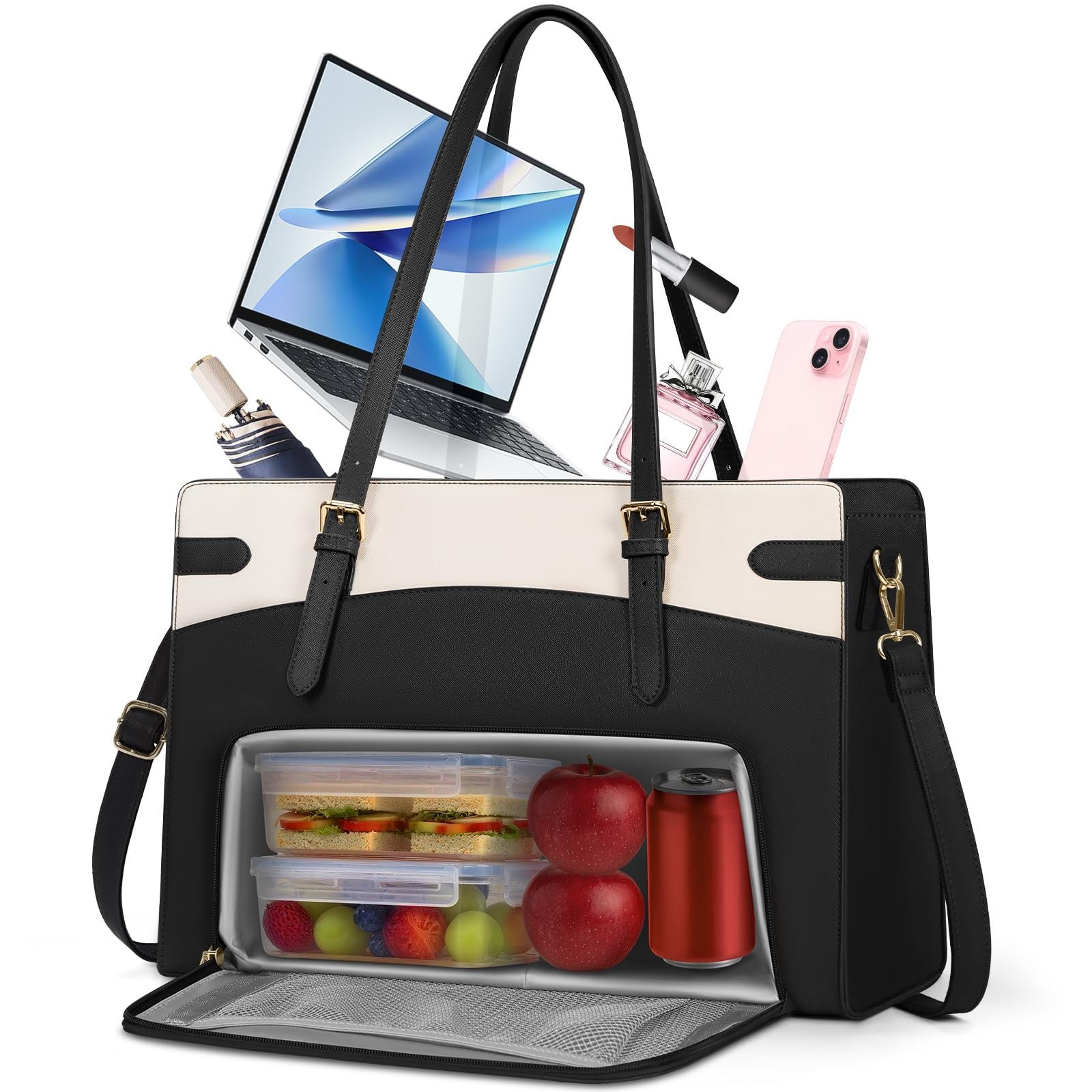 2-in-1 Laptop Bag with Insulated Lunch Compartment for Women 15.6 Inch PU Lea...