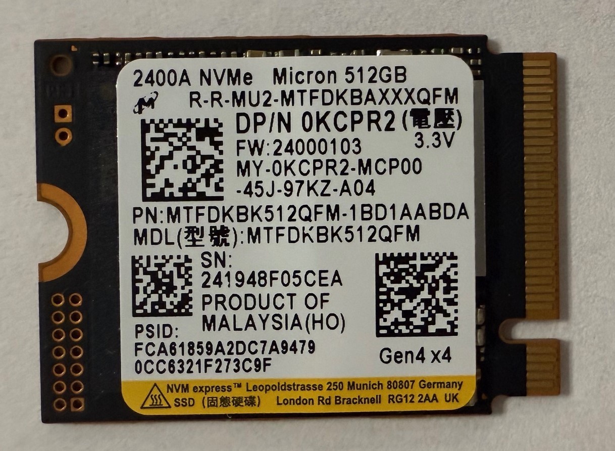 Micron 512GB SSD - 2400A M.2 2230 NVMe PCIe Gen4x4 MTFDKBK512QFM