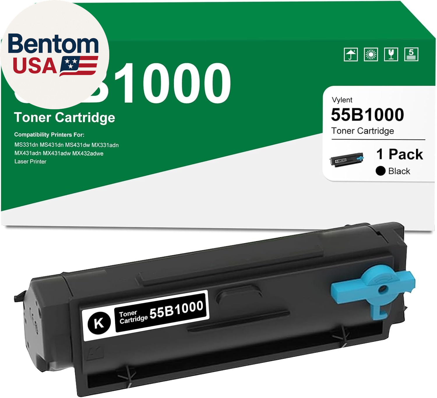 55B1000 Black Toner Cartridge with Chip 1-Pack Replacement for Lexmark 55B1000 T