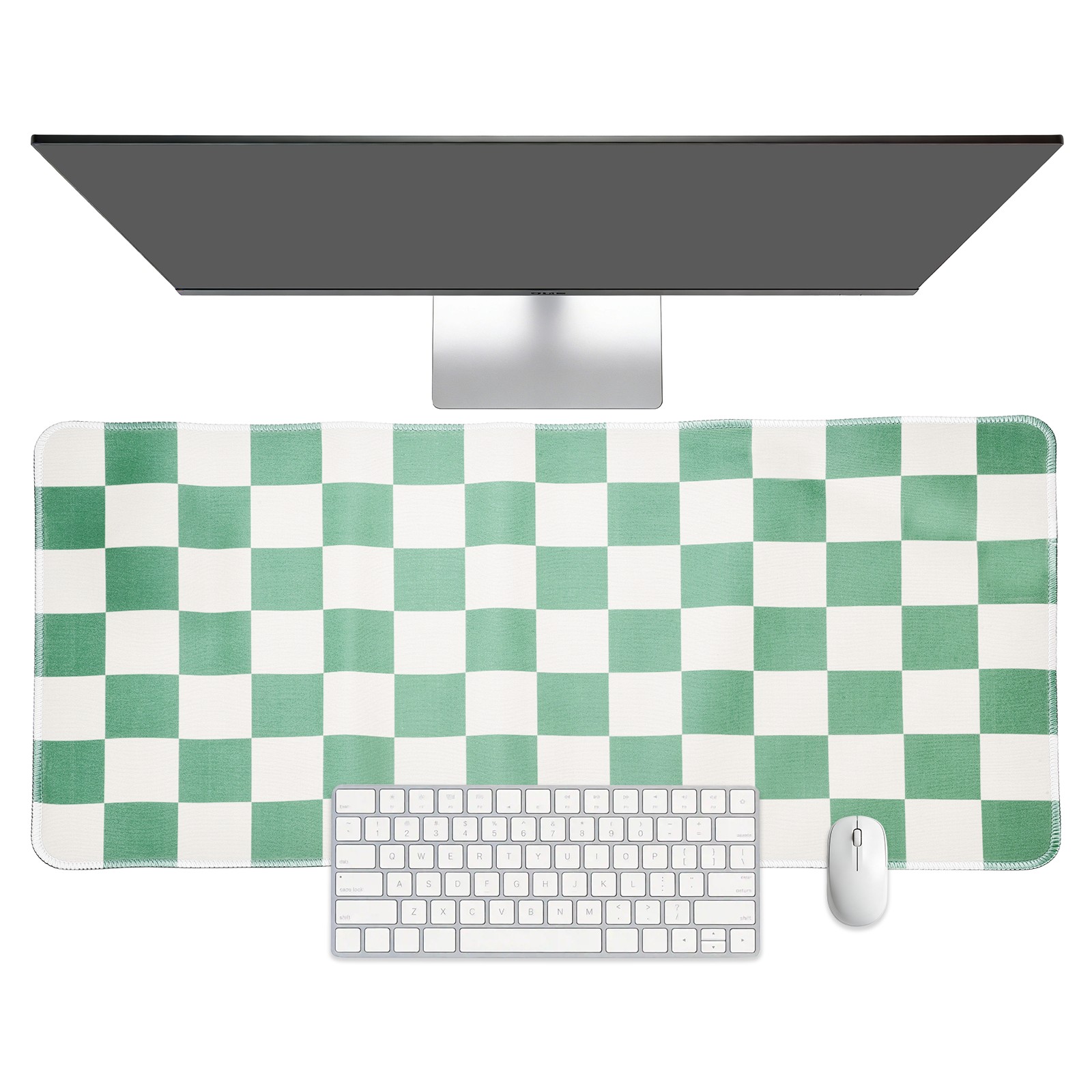 Checkered Desk Mat, 35.4x15.7 Inch Mouse Pad with Non-Slip, Green/White
