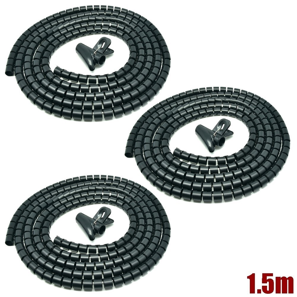 3x 1.5m 15mm Black Spiral Wrapping Bands Cable Tidy Management Organizer Tube