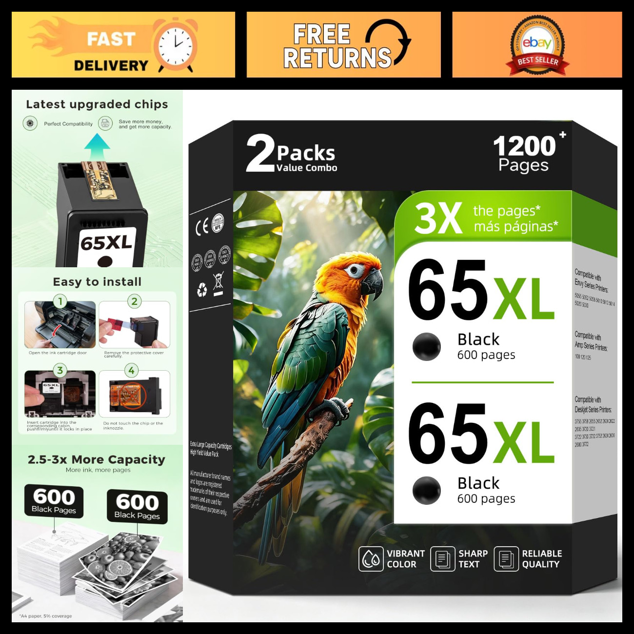 High-Capacity Black Ink Cartridge Replacement 65XL for HP - 2-Pack, Compatible
