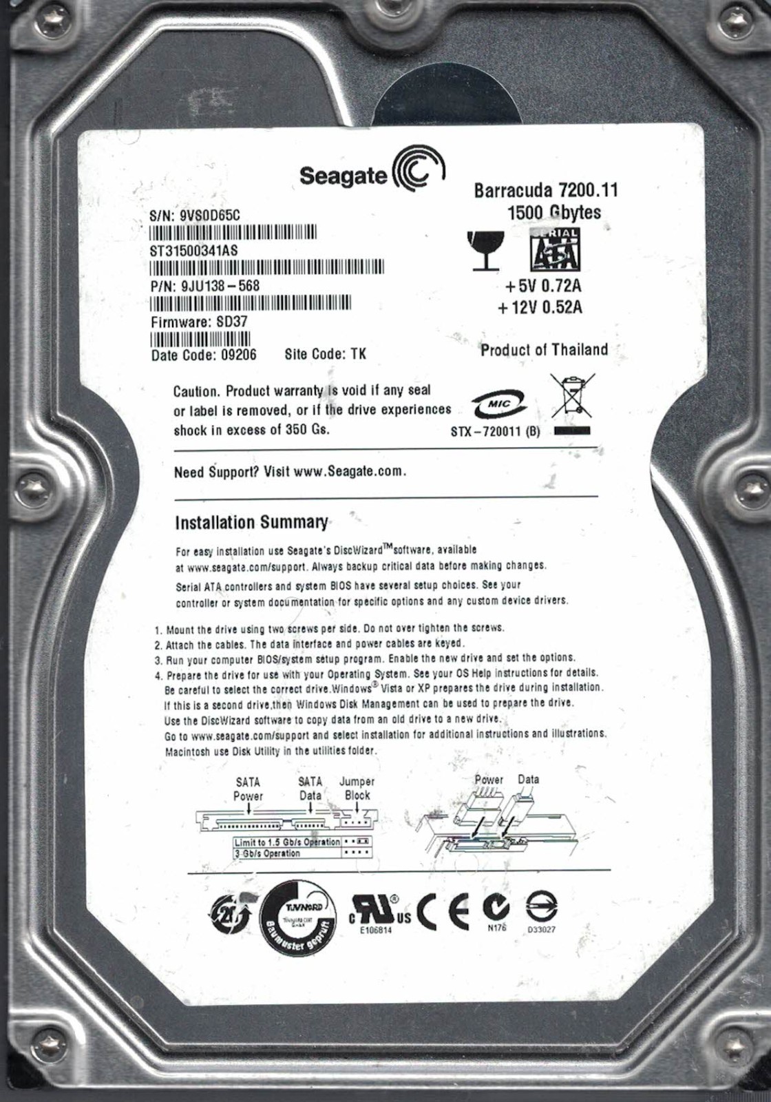 SEAGATE 	ST31500341AS	9VS  9JU138-568	SD37	9206	TK