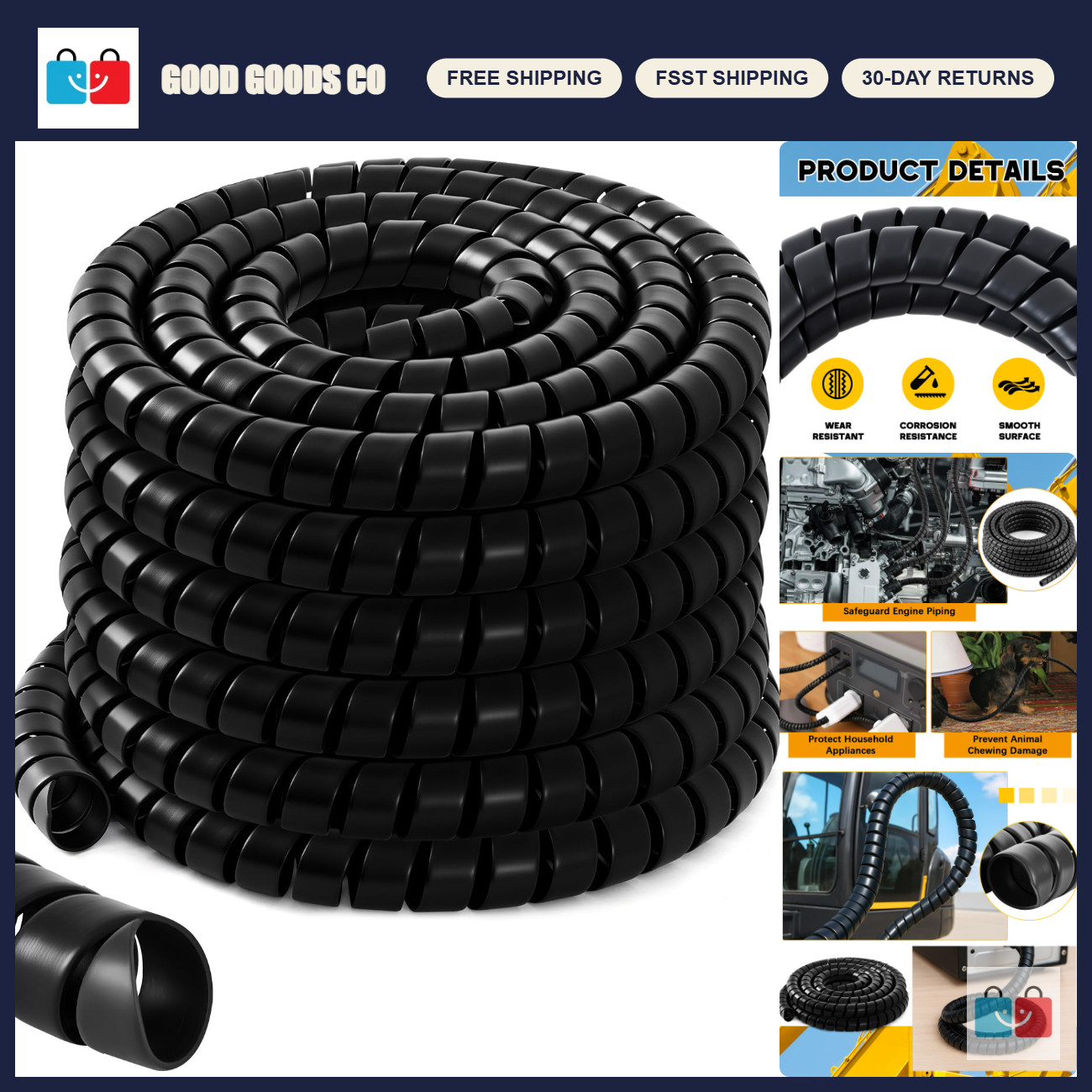 Spiral Cable Protector Wrap 3/4" OD x 100' - Hydraulic Hose Wear Guard, Black