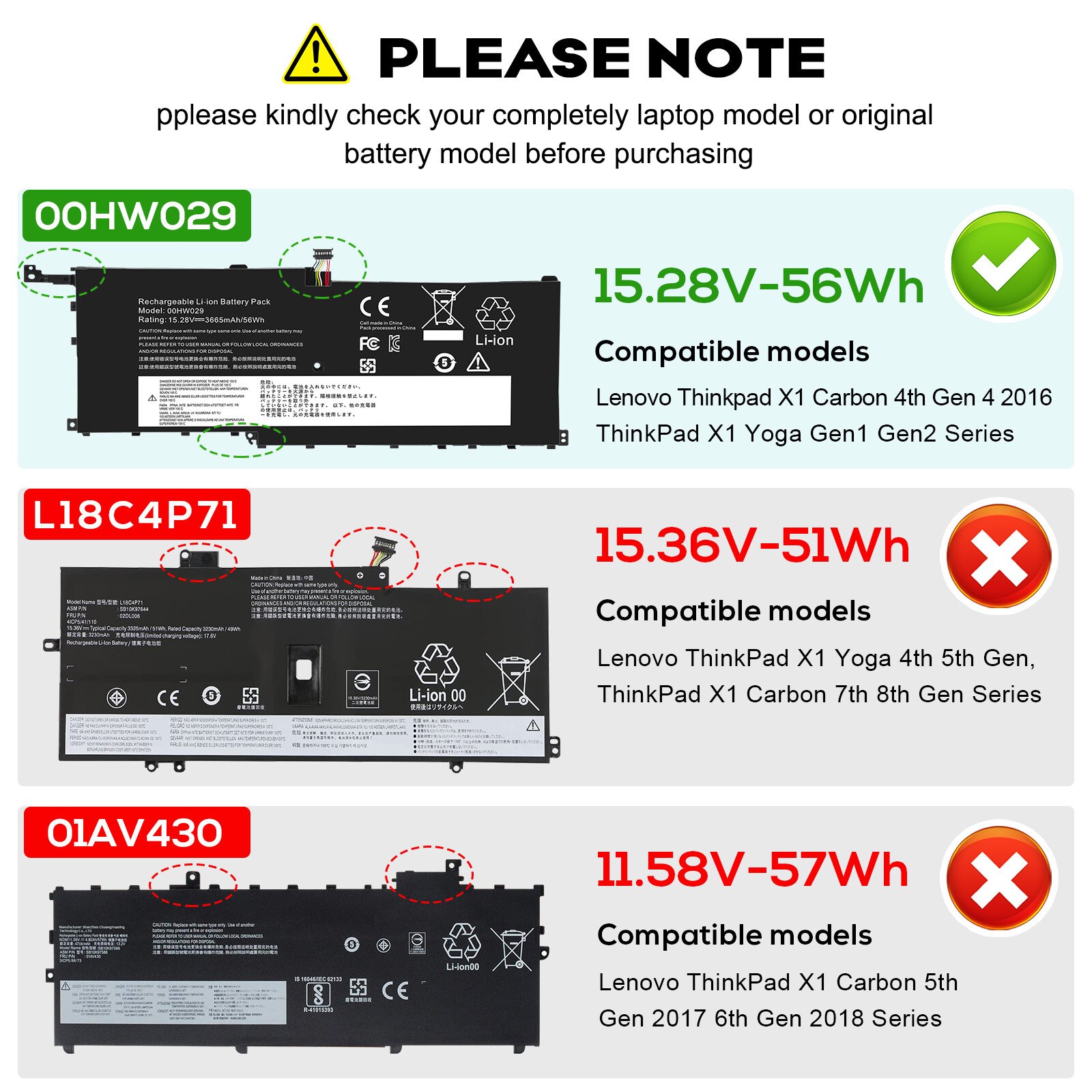 🧡LOT 00HW029 BATTERY FOR LENOVO ThinkpadX1 Carbon 4th Gen X1 01AV458 15.28V 56W