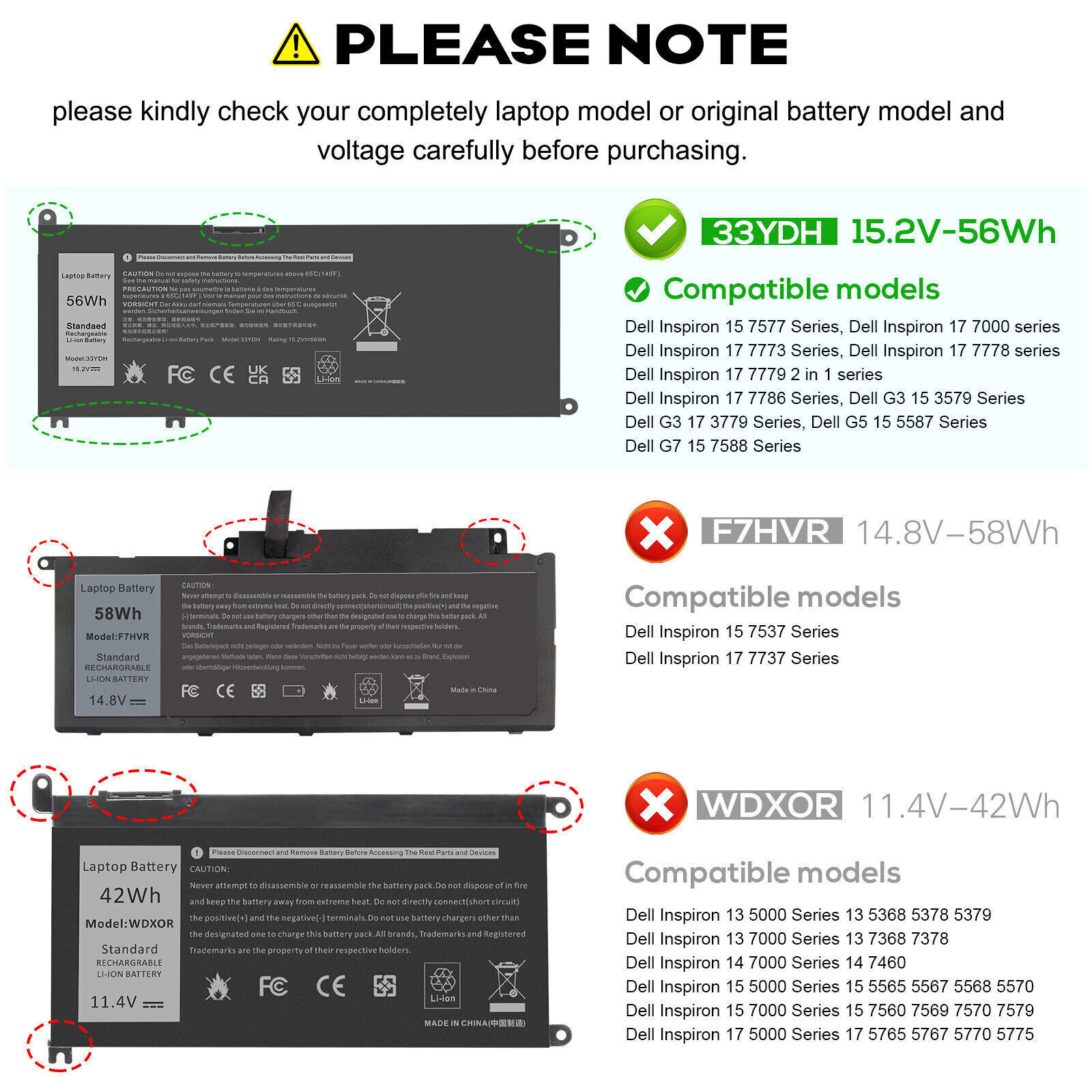 ✅LOT 33YDH Battery for Dell Latitude 3380 3480 3490 3580 3590 Inspiron 17 7577