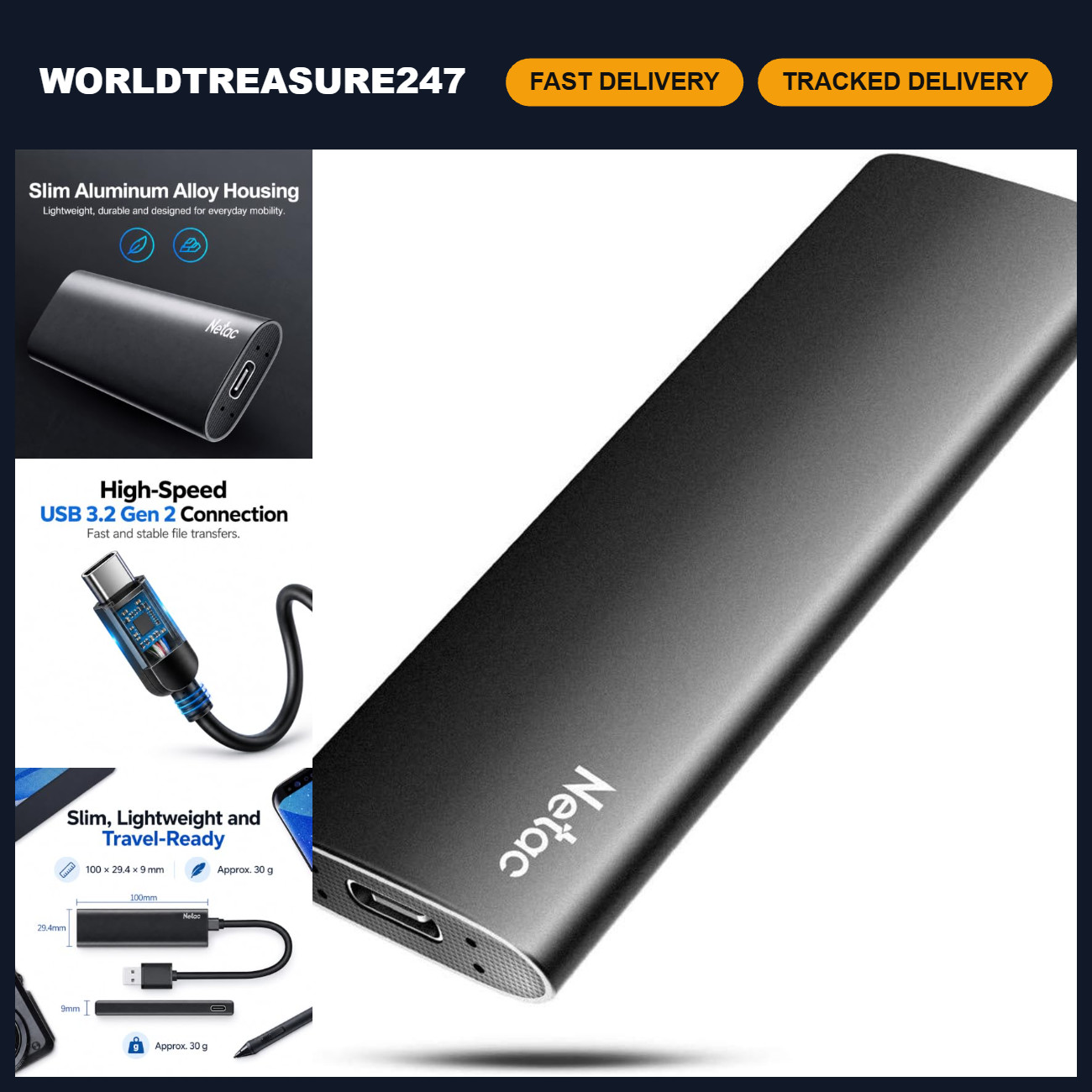 250GB Portable SSD, 550MB/s Read, USB 3.2 Gen 2 External Drive, Lightweight Alum