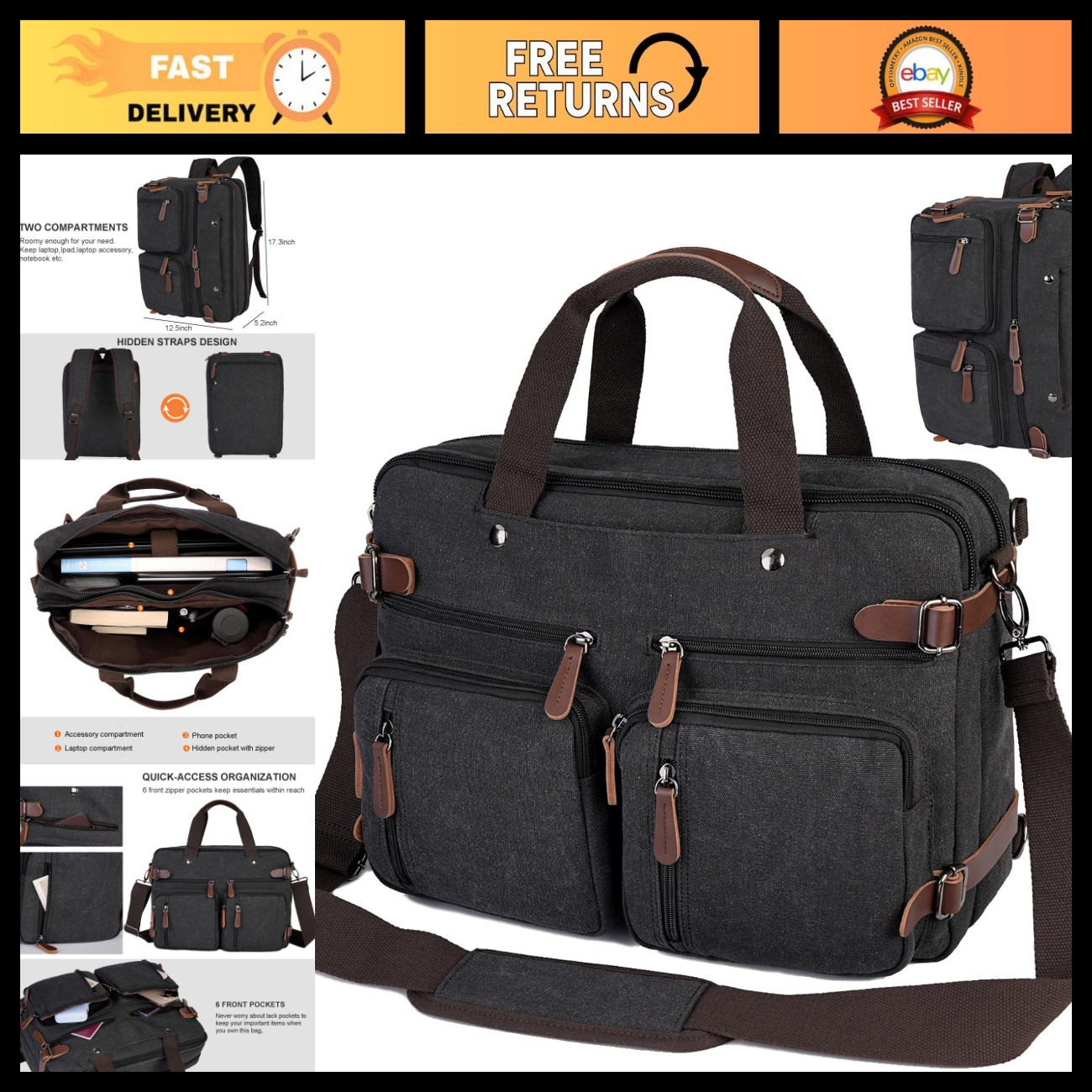 3-in-1 Convertible Laptop Bag 17.3" Messenger Briefcase Shoulder Bag for Travel