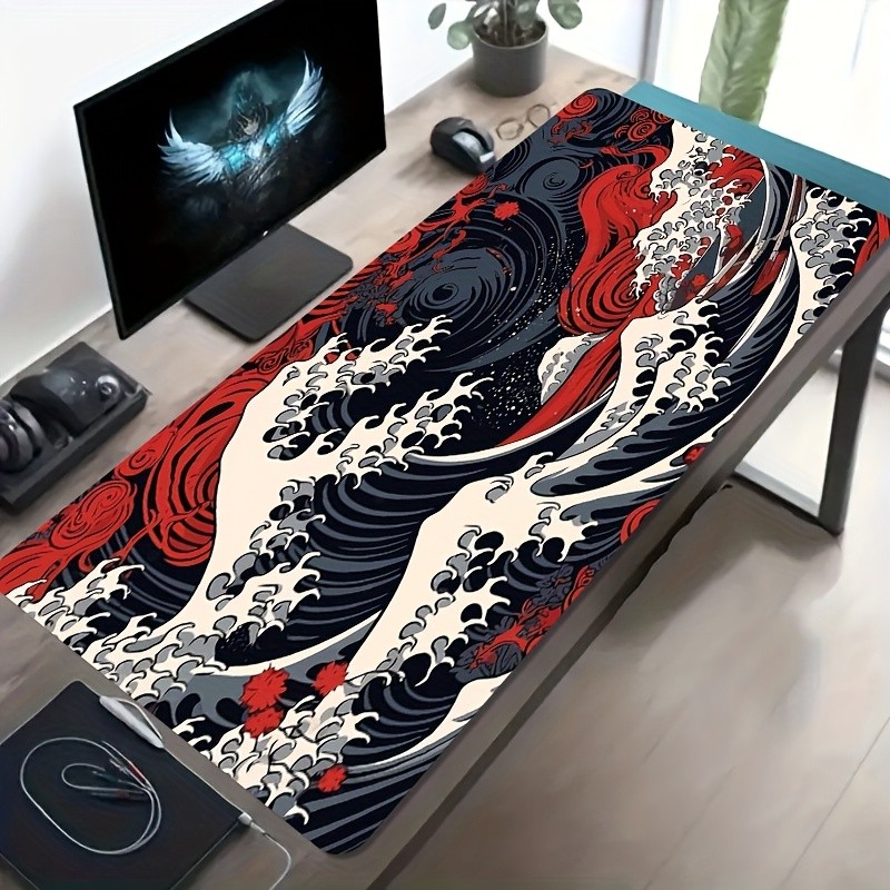 A Large Gaming Mouse Pad Featuring a Red And Black Japanese Wave Spiral Floral