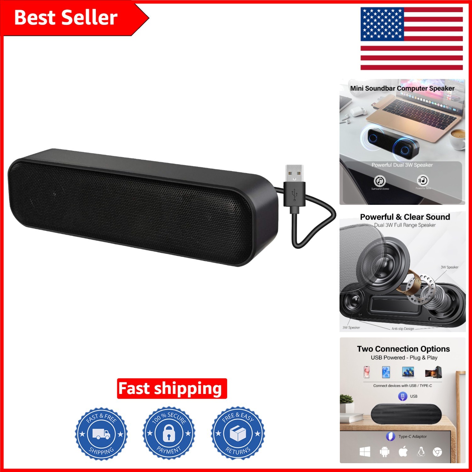 Versatile USB Mini Soundbar - Easy Setup with Volume Control & Mute Function