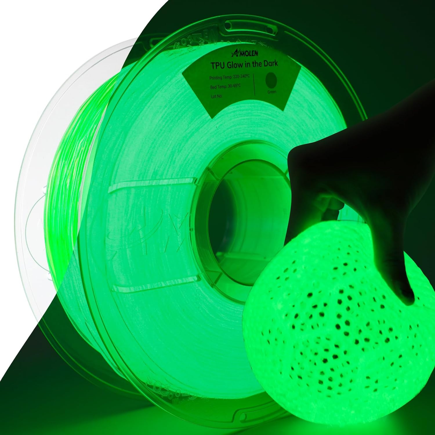 95A TPU 3D Printer Filament, 1.75Mm Glow in the Dark Green, Soft TPU
