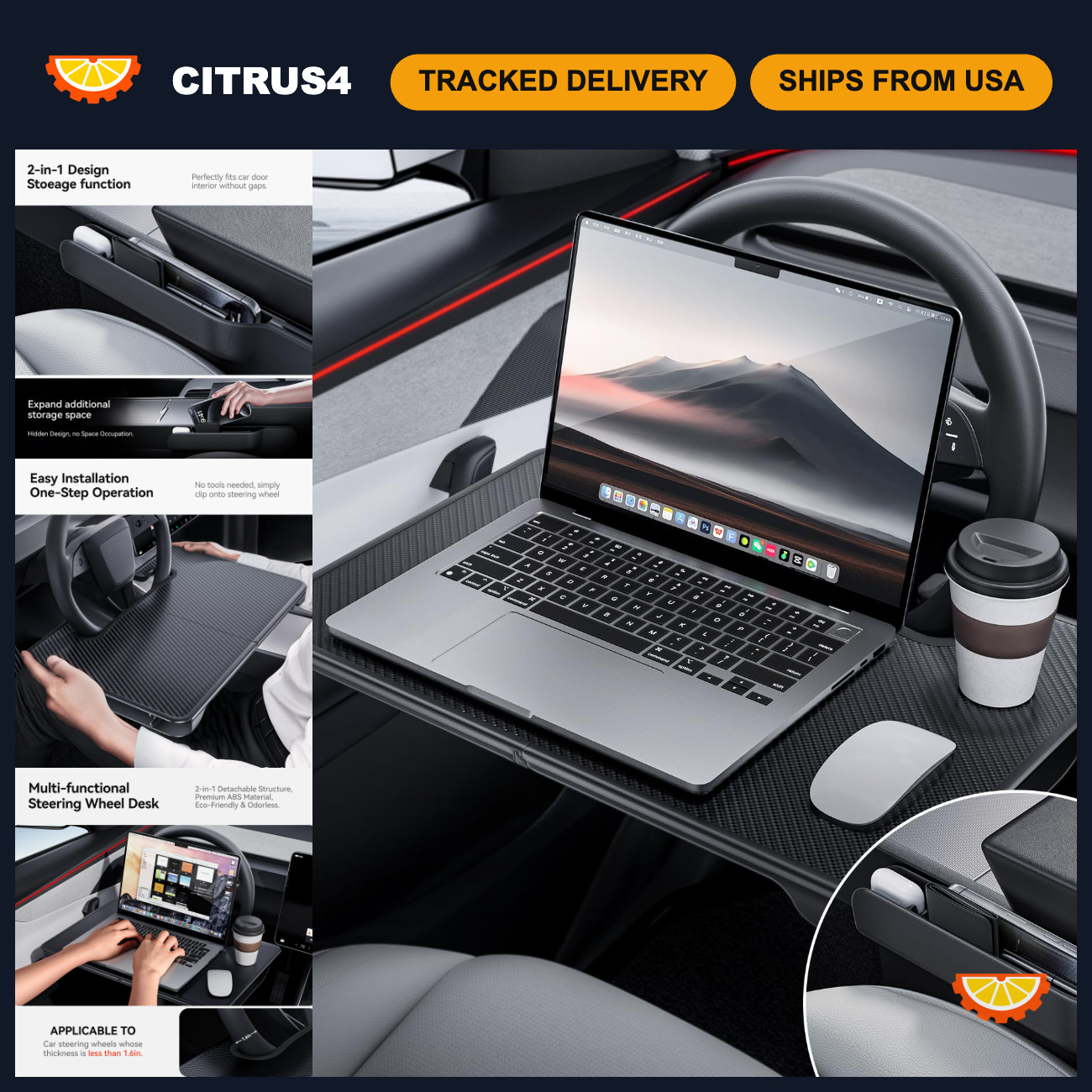 2-in-1 Car Steering Wheel Desk & Seat Gap Organizer - Foldable Tray for Laptop,