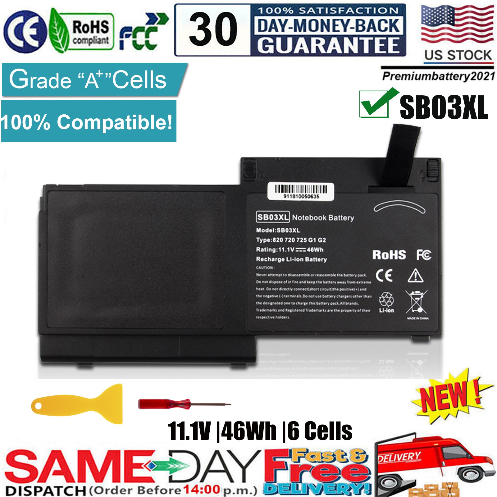✅SB03XL Battery for HP Elitebook 720 G1 G2 725 820 717378-001 716726-421 Laptop