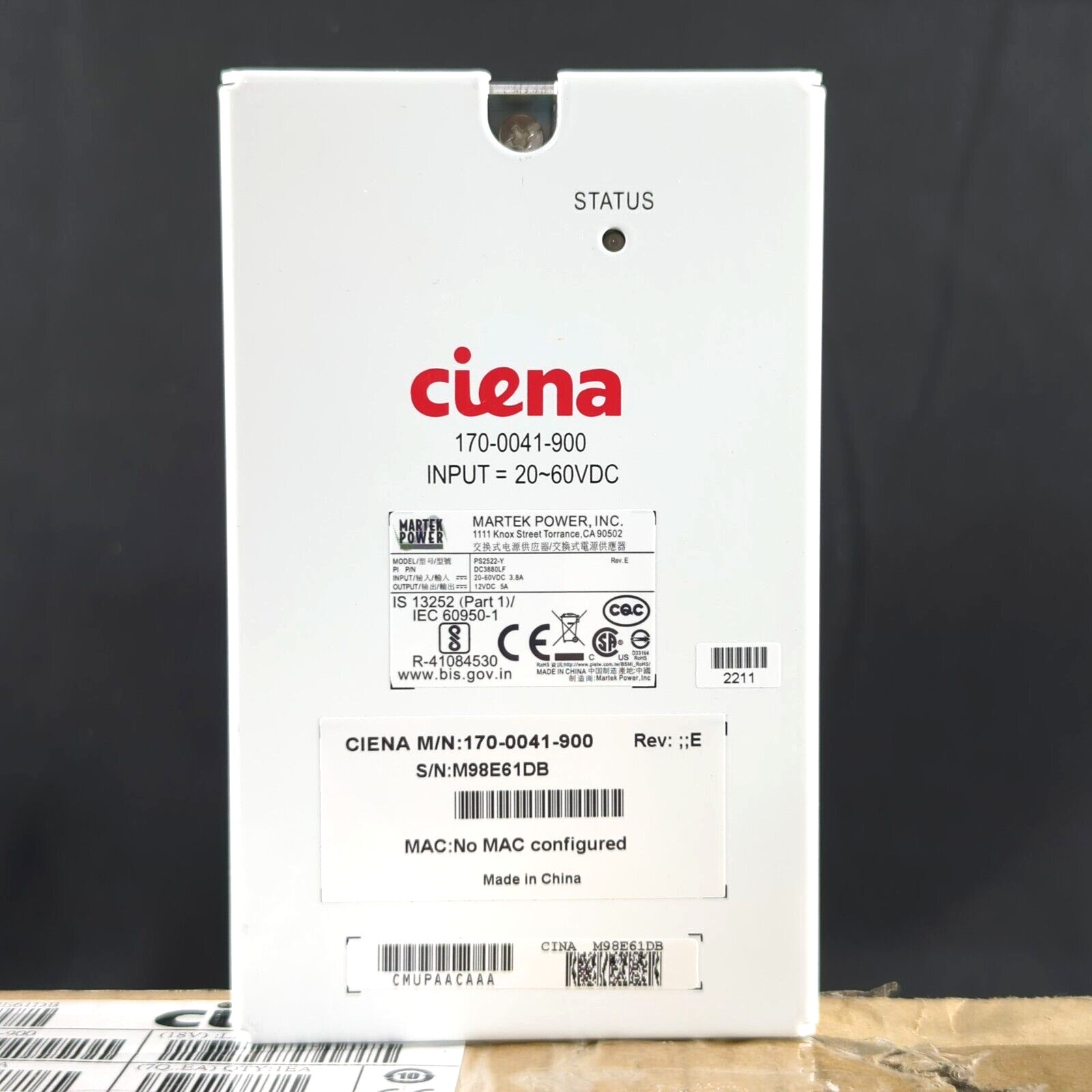 CIENA MARTEK 170-0041-900 DC Power Supply: Input 24/48V, Output 12 V DC @ 5A