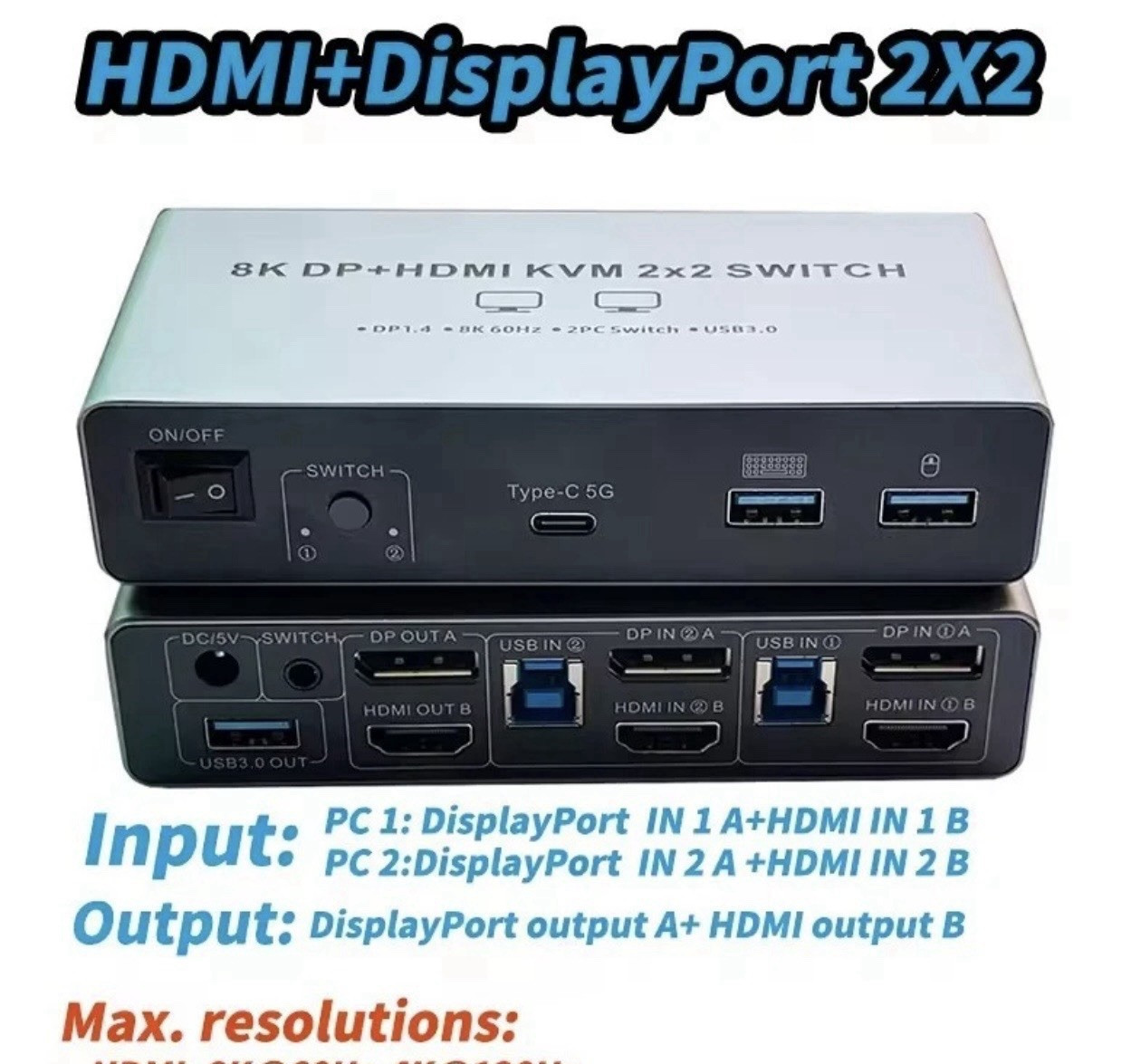 8K HDMI/DisplayPort 2x2 KVM Switch Box USB 3.0 USB-C HDR 4K@120Hz