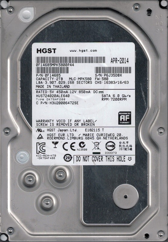 HUS724020ALE640 P/N: 0F14685 MLC: MPK580 2TB HGST Thailand