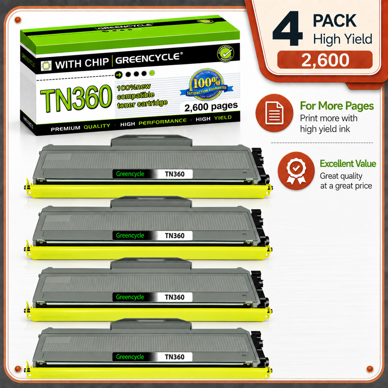 4PK Black TN360 Toner Cartridge For Brother MFC-7345N MFC-7440N MFC-7840W 7320