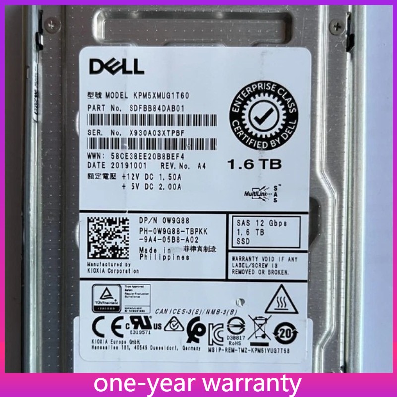 DELL W9G88 0W9G88 KIOXIA KPM5XMUG1T60 1.6TB SAS 2.5" 12Gb/s SSD MU R640 R740