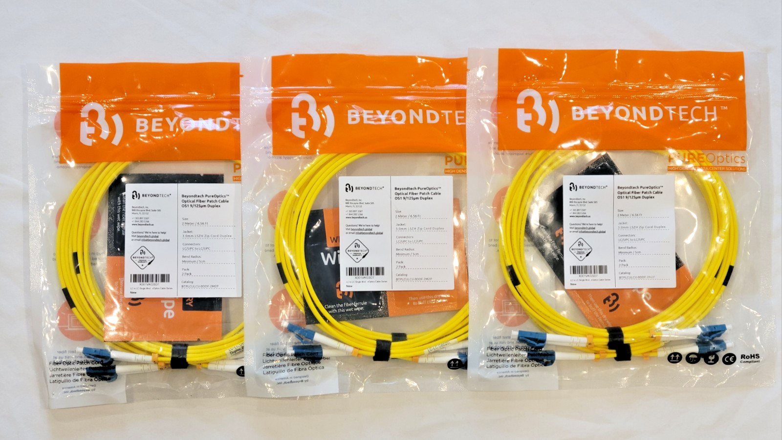 Lot of 3 Two-Packs BEYONDTECH LC to LC Fiber Patch Cable Single Mode Duplex 2m
