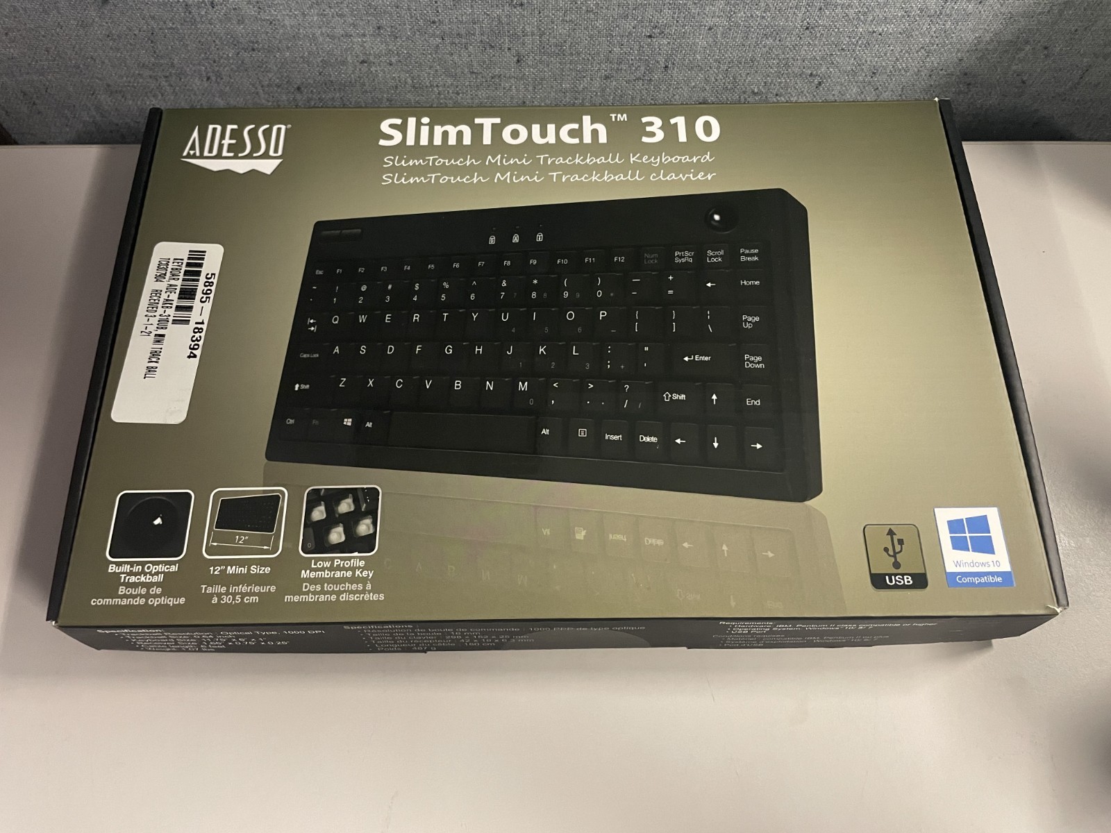 Adesso AKB-310UB SlimTouch Mini Trackball Keyboard USB Wired Black -New Open Box