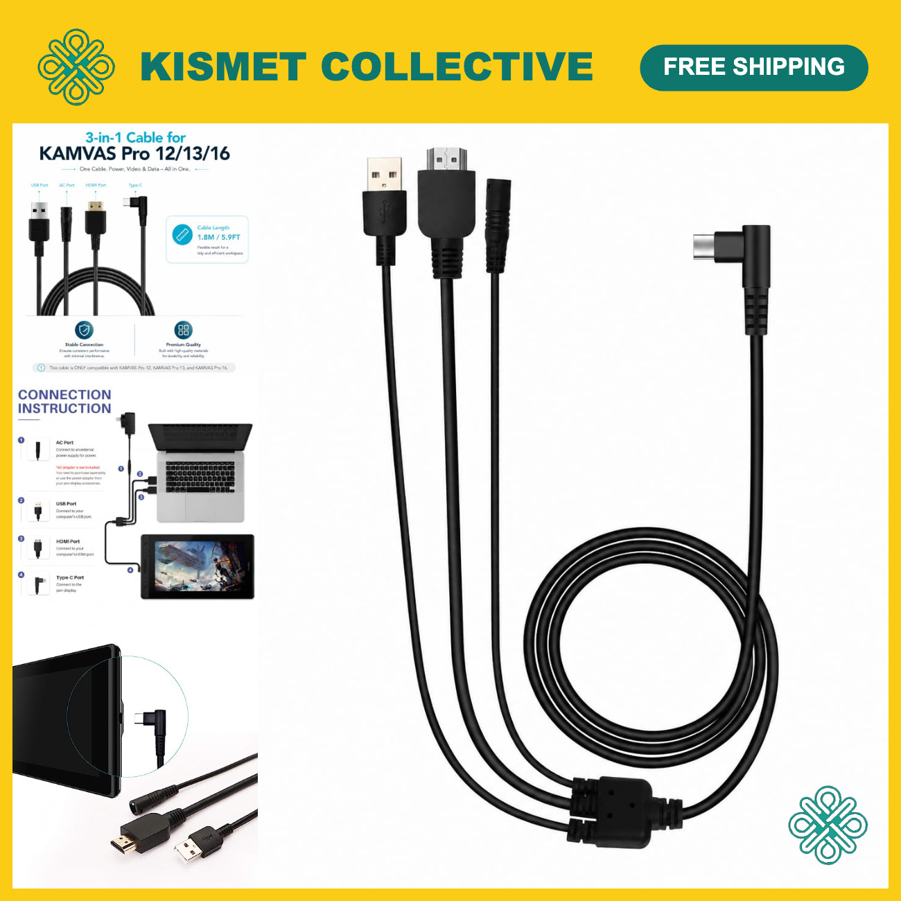 3-in-1 Cable for Graphic Drawing Monitor Huion KAMVAS Pro 12/13/16 - USB, HDMI,