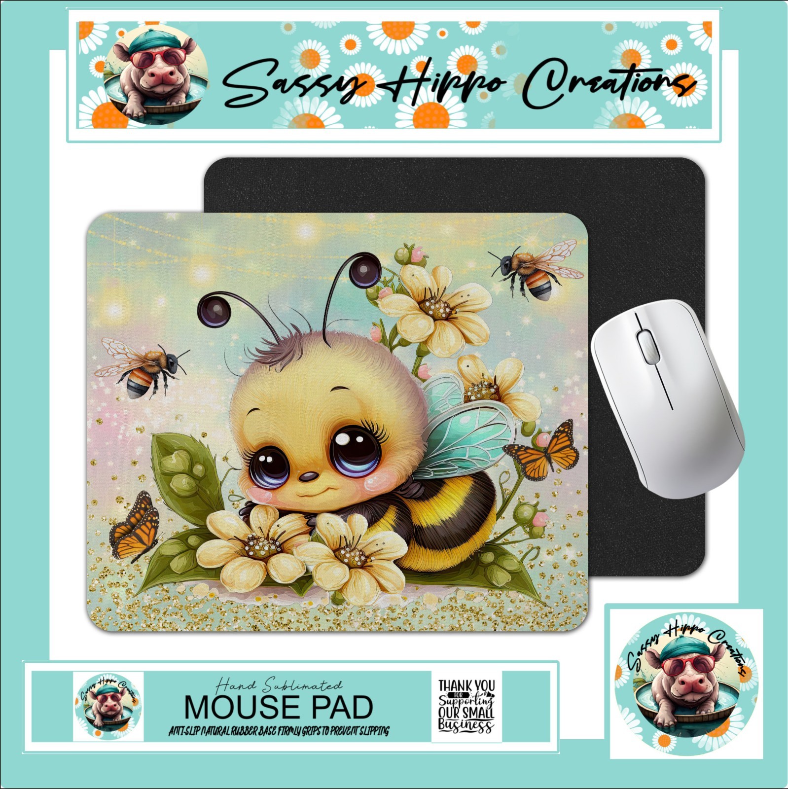 Mouse Pad Cute Bumble Bee Butterflies Flower Anti Slip Back Easy Clean Sublimate