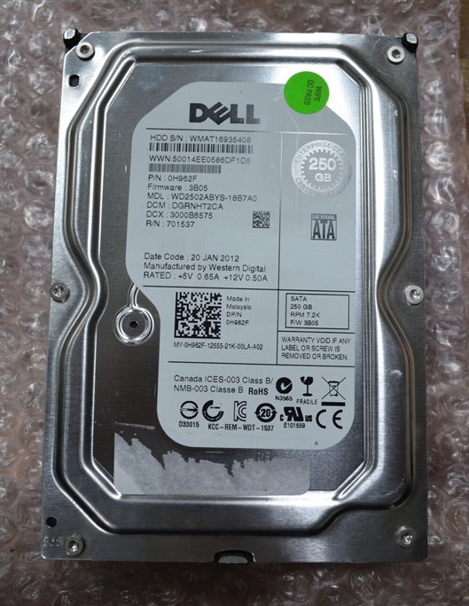 Western Digital Dell 0H962F WD2502ABYS-18B7A0 SATA 3.5" Hard Drive 250GB