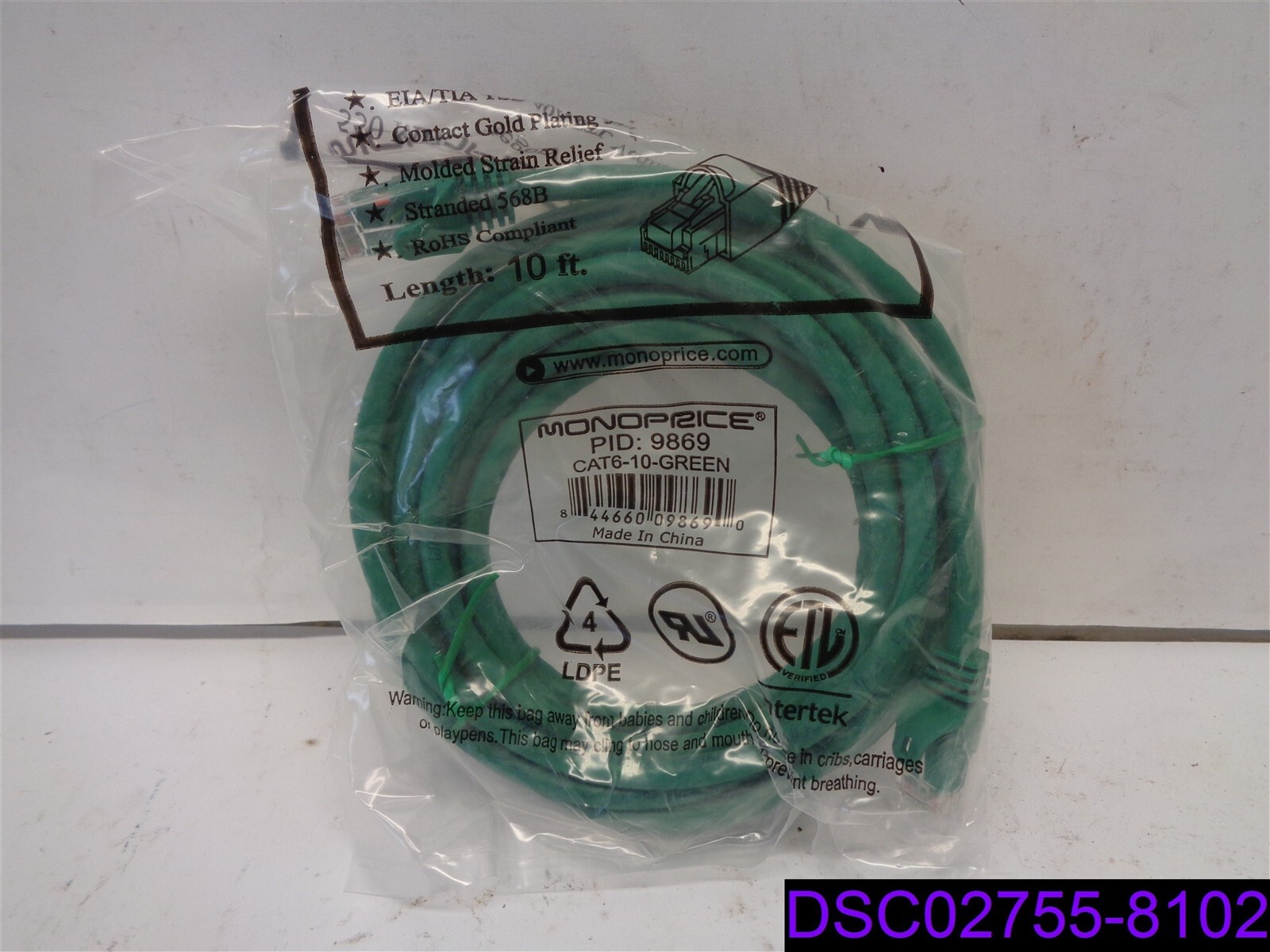 Qty = 10: Monoprice Ethernet Cable Cat6, Green, 10' P/N 9689