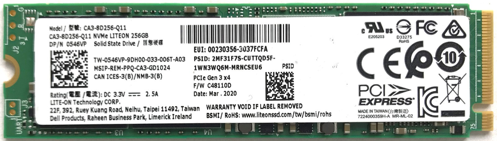 Lite-On 256GB M.2 2280 PCIe NVMe Gen 3x4 CA3-8D256-Q11 DP/N: 0546VP