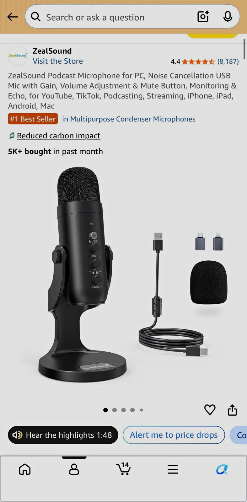 ZealSound K66 USB Studio Microphone Mute Noise-Canceling Stand Windscreen Black