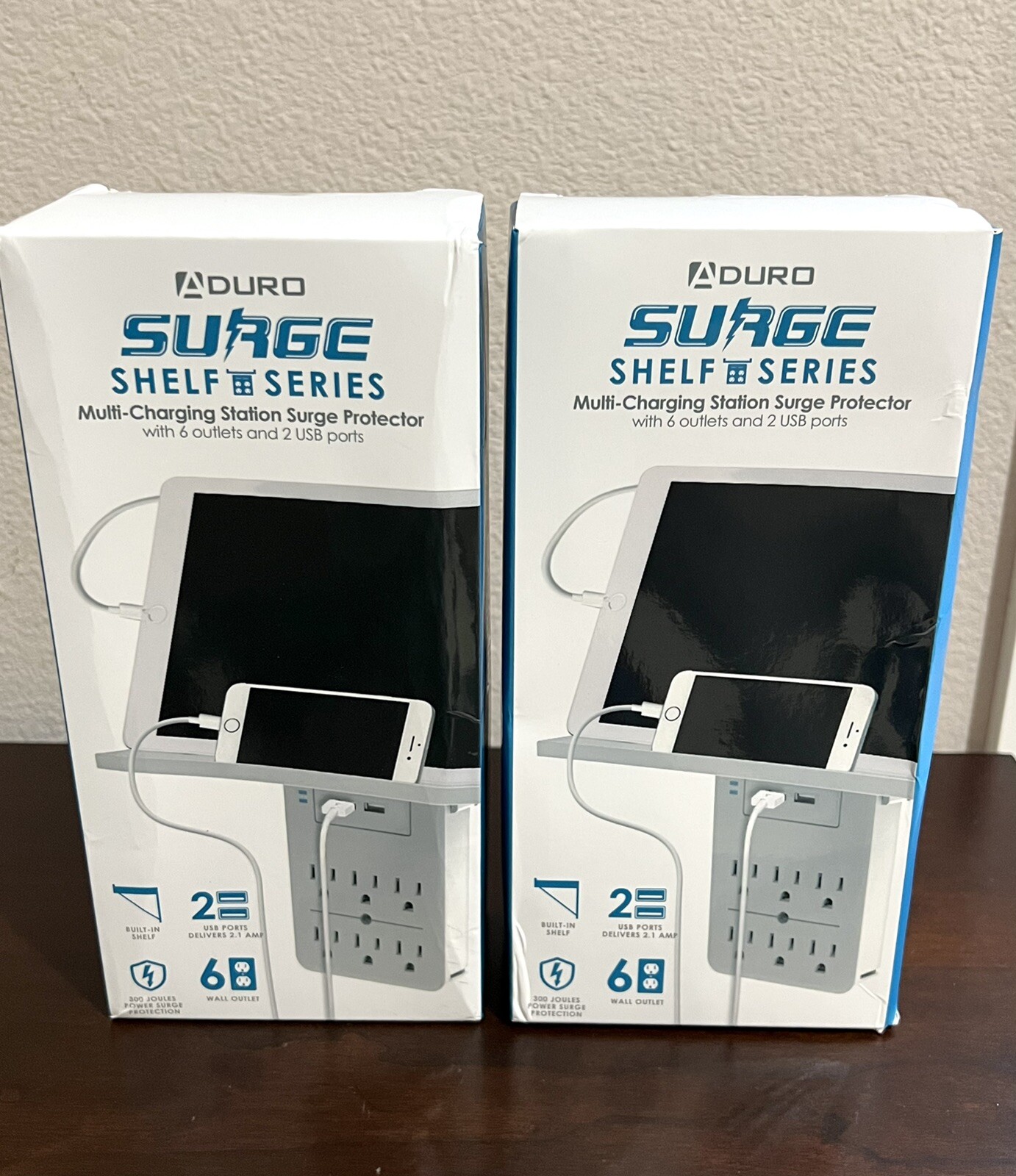 2X Aduro Multi-Charging Station Surge Protector w/6 Oulets & 2 USB Ports & Shelf