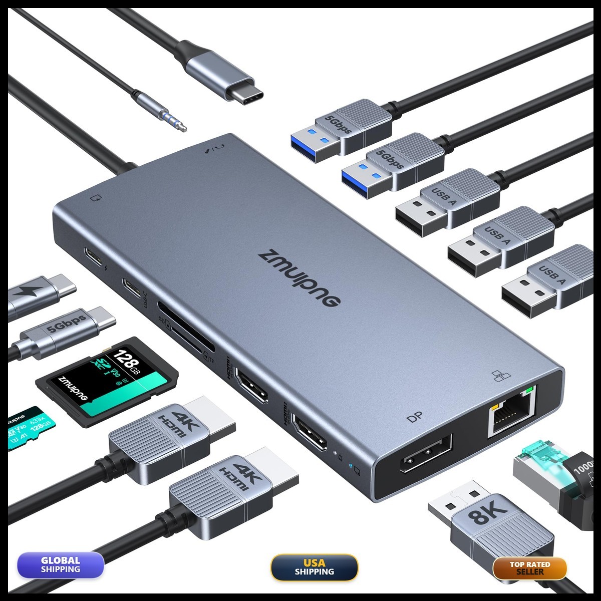 ZMUIPNG MH19 USB C Docking Station Dual Monitor 2 HDMI 4K DP 8K