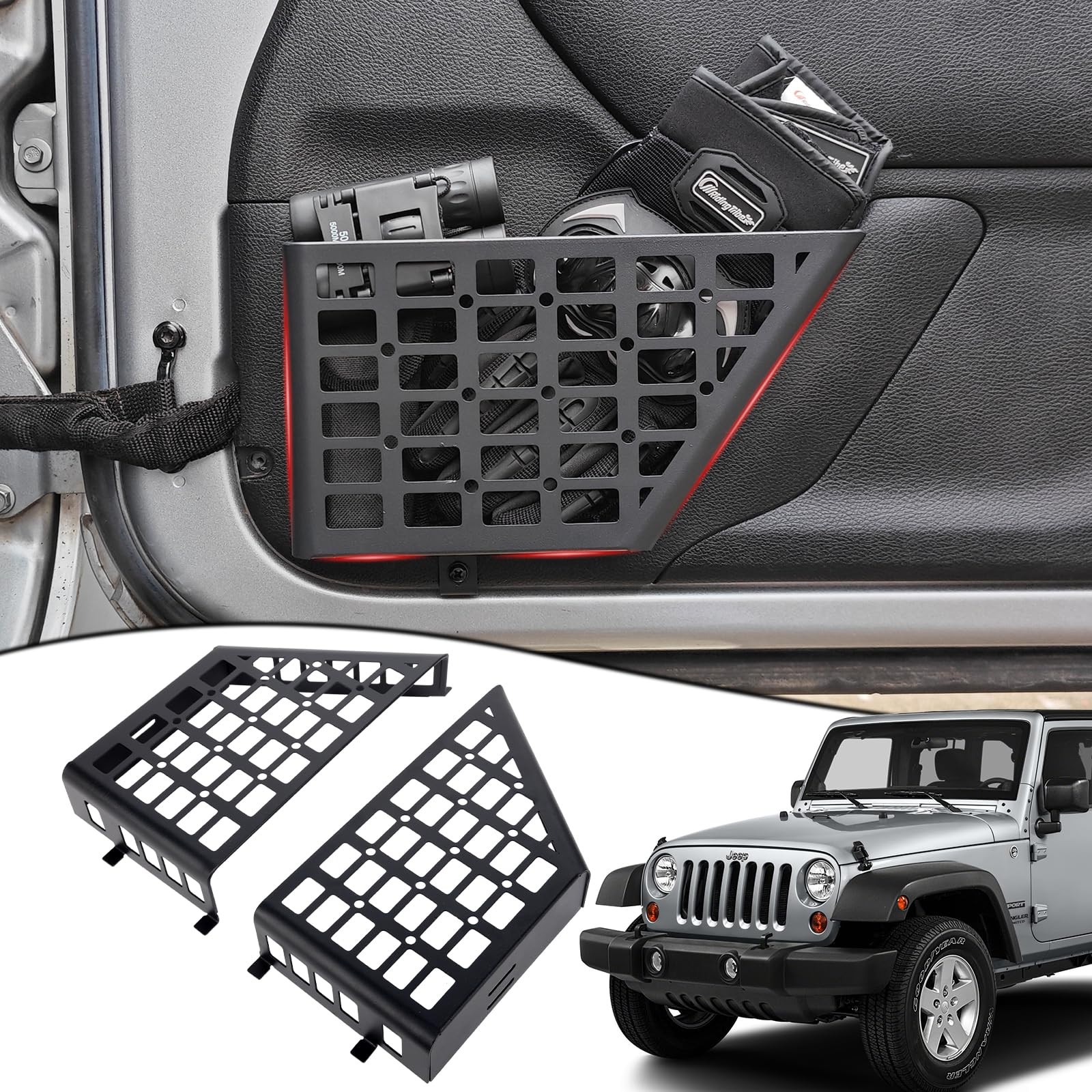 Metal Front Door Pockets for 2007-2018 Jeep Wrangler JK JKU 2/4 Storage Stain...