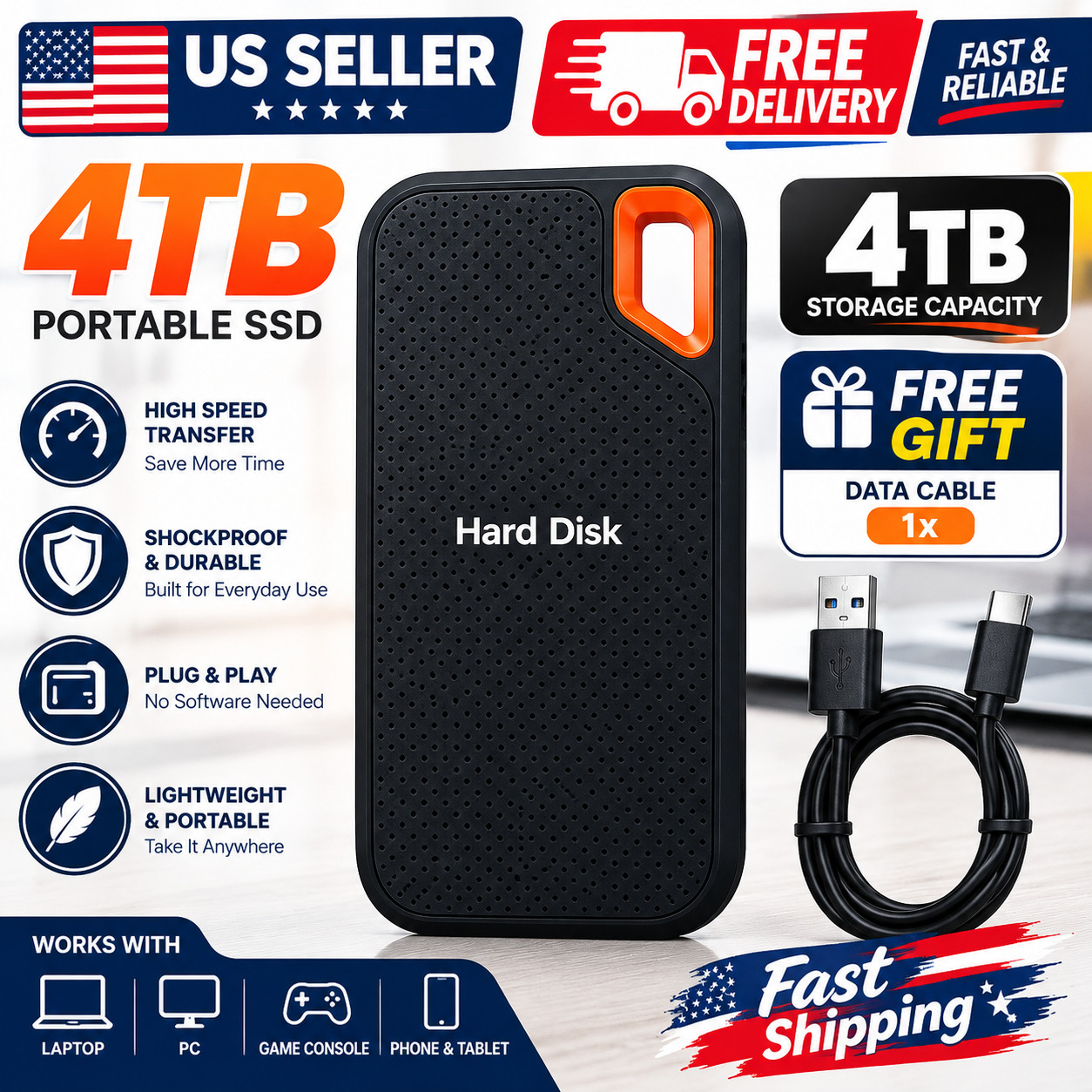 external hard drive 4TB High Speed Capacity Solid State Usb3.2 Laptop Mac And PC