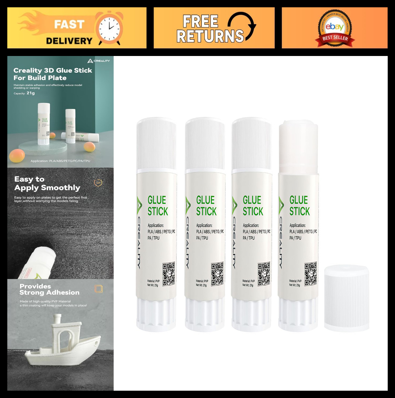 3D Printer Glue Sticks for Hot Bed Adhesion, Reduces Warping, 4 Pack for PLA/ABS