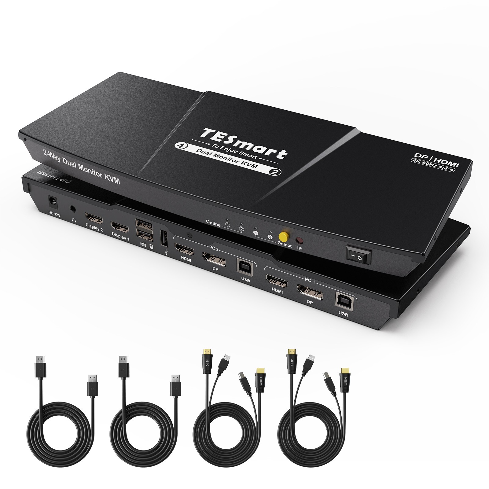 TESmart Dual Monitor KVM Switch DP + HDMI Input 4K@60Hz USB 2.0 with EDID Black