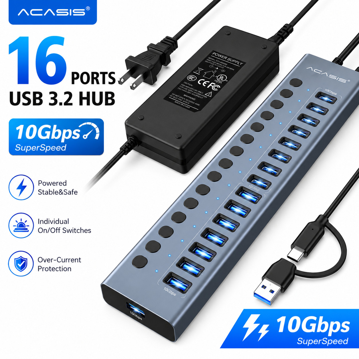 Acasis Power USB 3.2 Hub 10Gbps 16 Port On/Off Switch USB C/A Adapter for Laptop