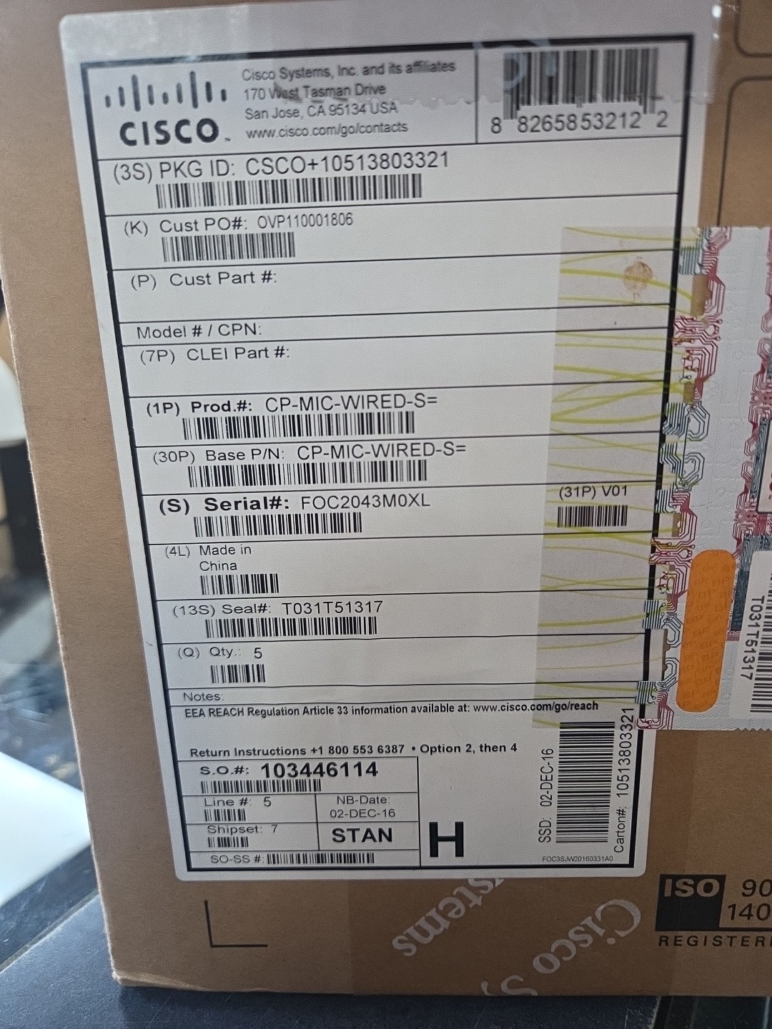 Cisco CP-8831 Wired Microphone Kit CP-MIC-WIRED-S   74-11134-01. Set Of 5.