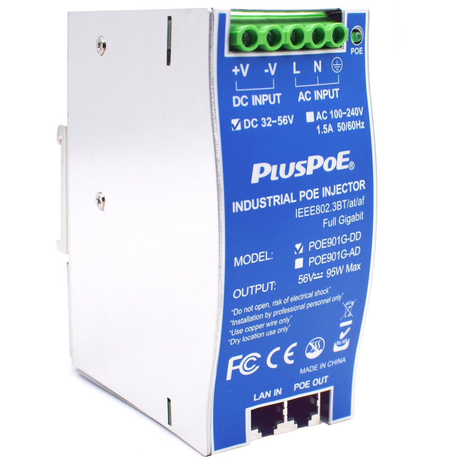 Industrial Gigabit PoE++ Injector, IEEE 802.3BT/at/af Compliant, PoE (15.4W),...